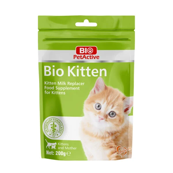 بسته‌بندی شیر جایگزین Bio Kitten مخصوص بچه‌گربه‌ها با فرمول تقویت‌شده شامل پروتئین، ویتامین و تاورین برای رشد سالم